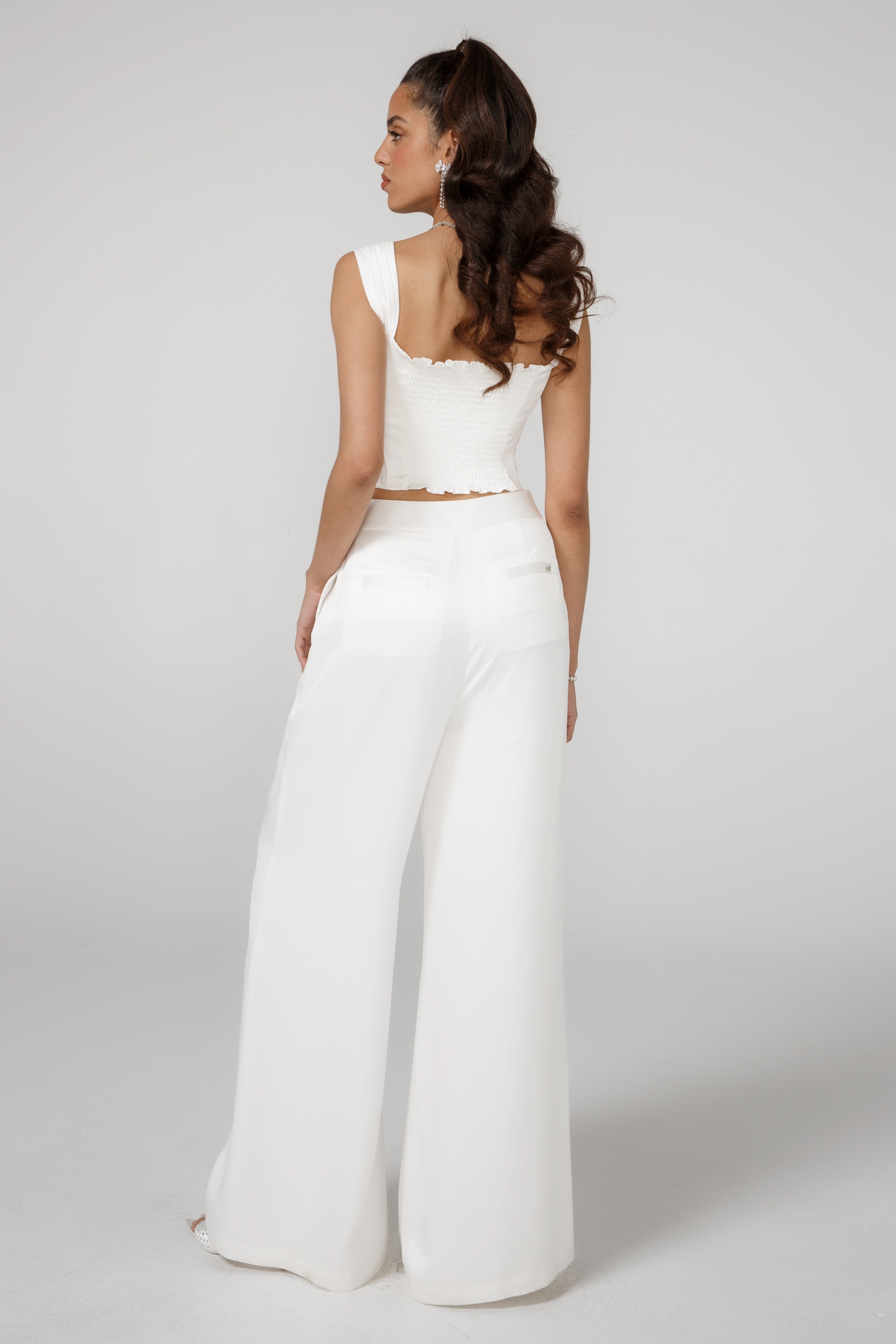 Kukombo White Satin Women Pants Set Autumn Flare Sleeve Backless Blouses  Tops Two Piece Pants Set Fashion Wide Leg Trousers Suit | Fashion, Wedding  guest outfit fall, Outfits